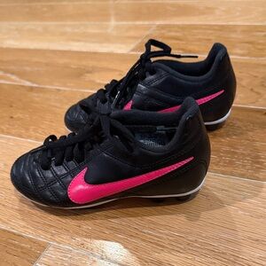 Nike Kids Soccer Black Cleats with Pink Swoosh